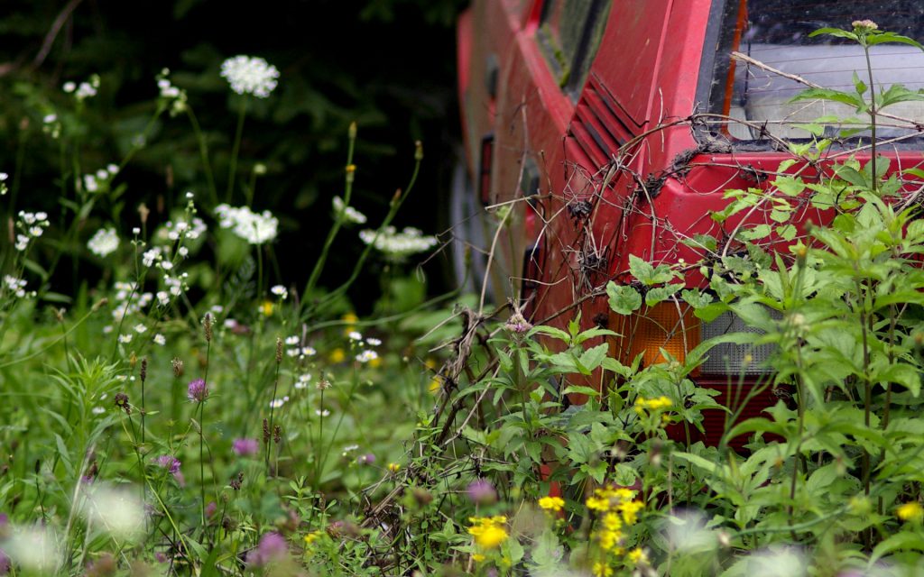 car wreck and flowers